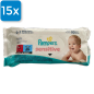 Preview: Eine Packung Pampers Sensitive Feuchtücher. Oben links ist ein blaues Viereck mit der Aufschrift "15x", welches aussagt, dass 12 Packungen in einem Karton enthalten sind.