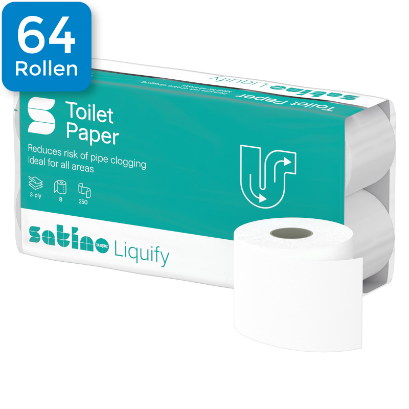 Eine Packung Satino liquify Camping Toilettenpapier. Davorliegend ist eine  einzelne Rolle des Toilettenpapiers. Oben links ist ein blaues Viereck mit der Aufschrift 