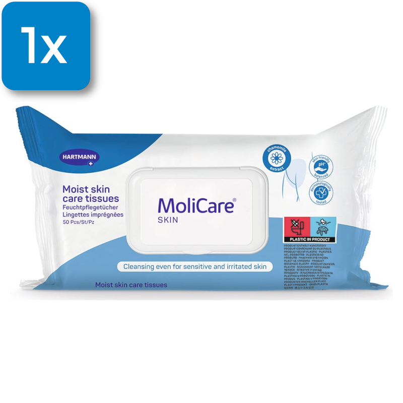 Eine Packung Molicare Skin Feuchtpflegetücher. Oben links ist ein blaues Viereck mit der Aufschrift 1x, um die Menge zu signalisieren.