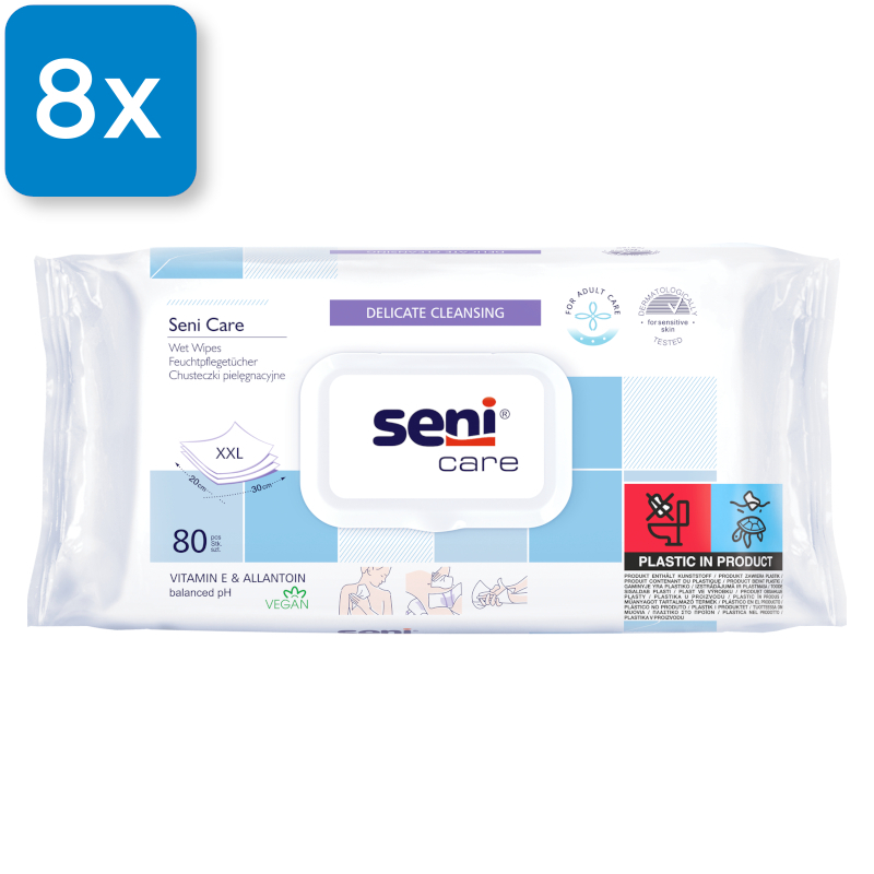 Eine Packung Seni Care Feuchtpflegetücher. Oben links ist ein blaues Viereck mit der Aufschrift 8x, um die Menge zu signalisieren.